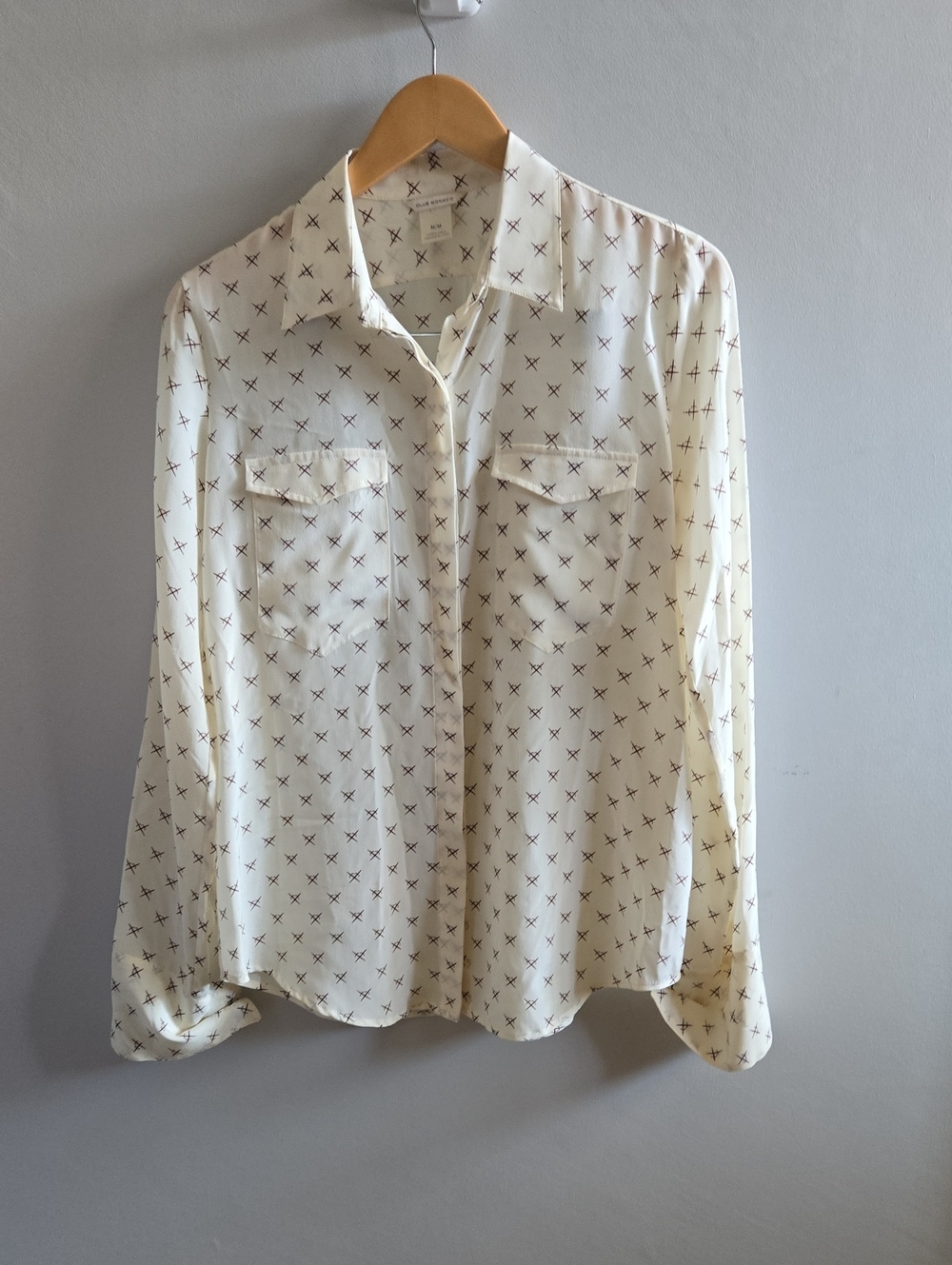 Beige and Brown Club Monaco Silk Button Down Blouse Size Medium